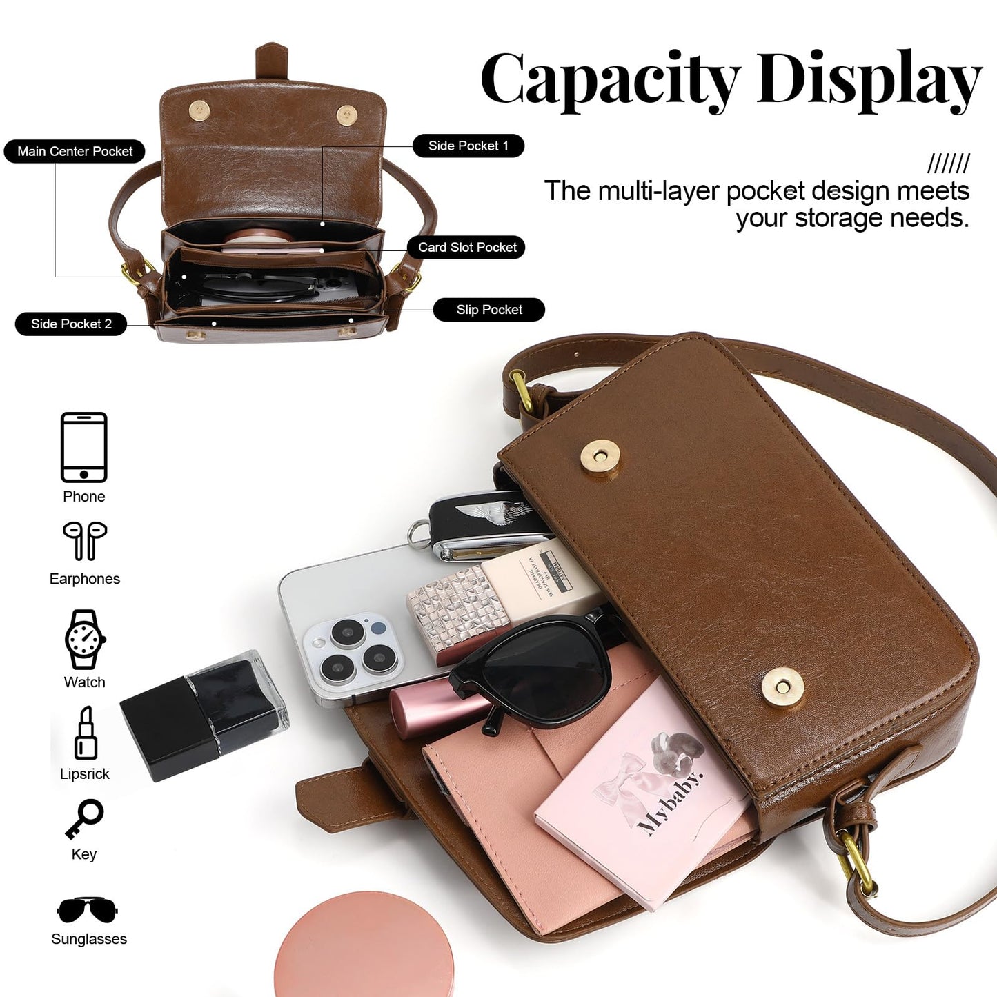 XquiziFit Shoulder Bag for Women Small Clutch Purses Cute Hobo Purses and Handbags Retro Leather Underarm Crossbody Bag with 2 Removable Strap, Brown
