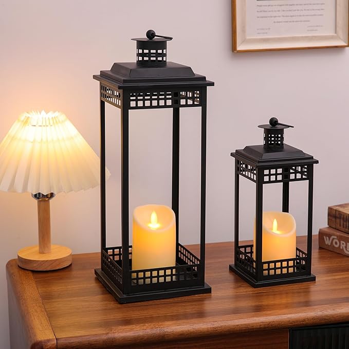 Vintage Lanterns Decorative Indoor, 17'' 11'' Set of 2 Black Candle Lantern Decor, Lanterns Decorative for Retro Living Room, Mantel, Patio, Porch, Garden, Balcony, Wedding Tabletop Lantern
