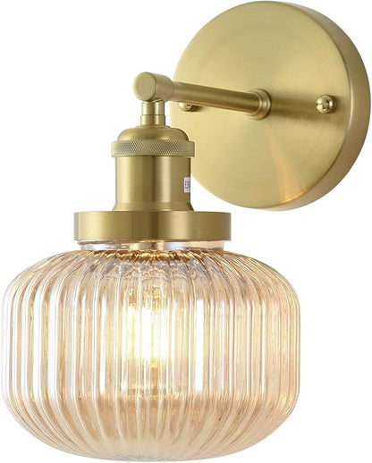 Vintage Wall Sconces with Amber Pumpkin Glass Lampshade, Indoor Bathroom Wall Sconce, Modern Gold Industrial Lighting Fixture for Mirror Living Room Hallway 1 Pack