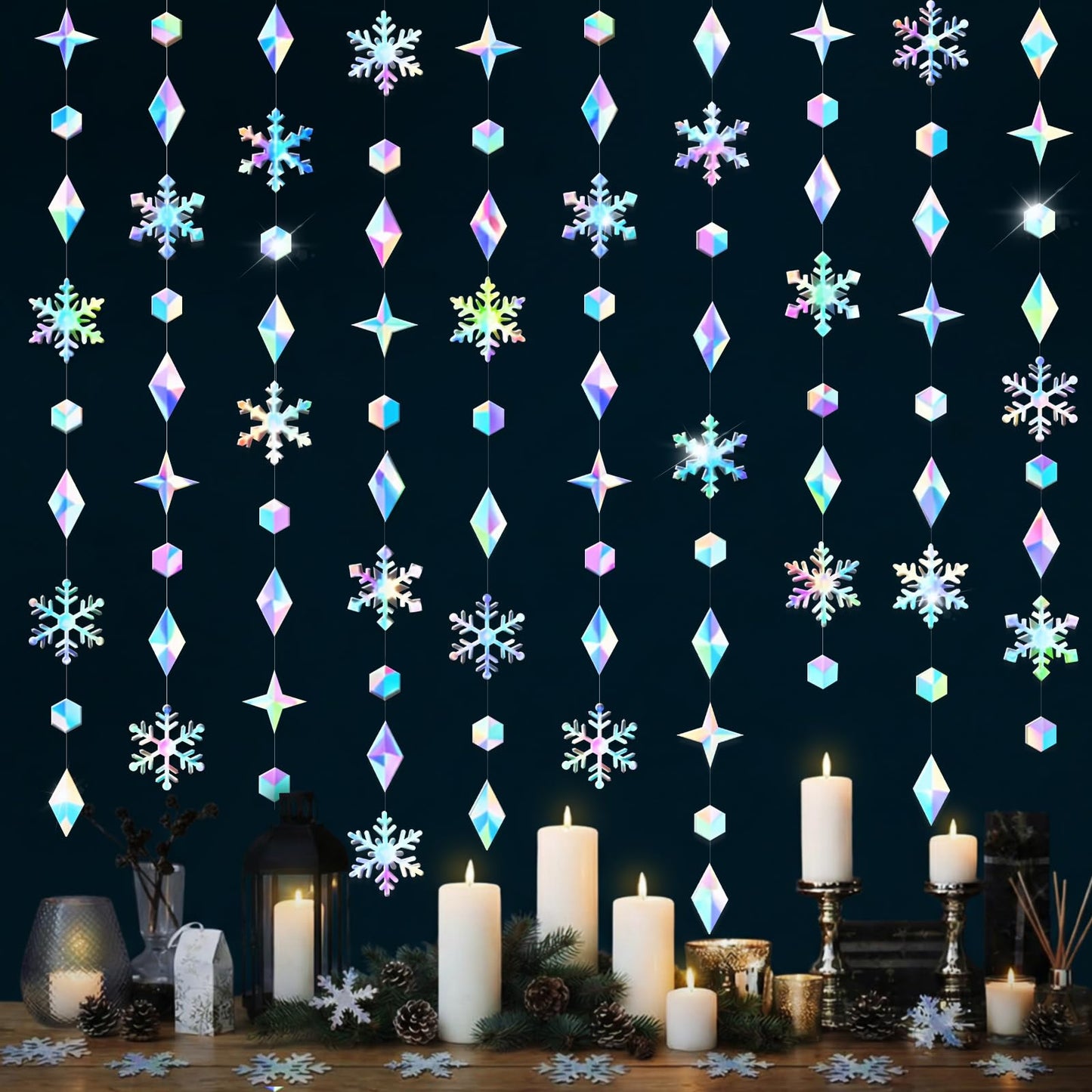 ReliThick Iridescent Snowflake Garland - Winter Decorations 46 ft Holographic Paper Snowflakes Hanging Streamer Snow Flake Banner Backdrop for Birthday Party Winter Christmas Decor