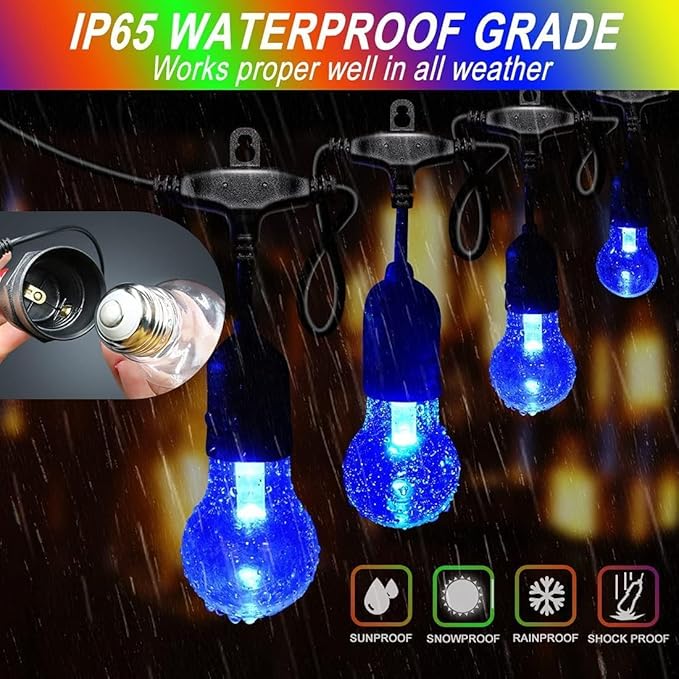 Auroraworld 105FT RGB Outdoor String Lights, Dimmable Color Changing Waterproof LED Patio Lights with Remote, 32 Shatterproof Bulbs for Backyard Garden Party Decor