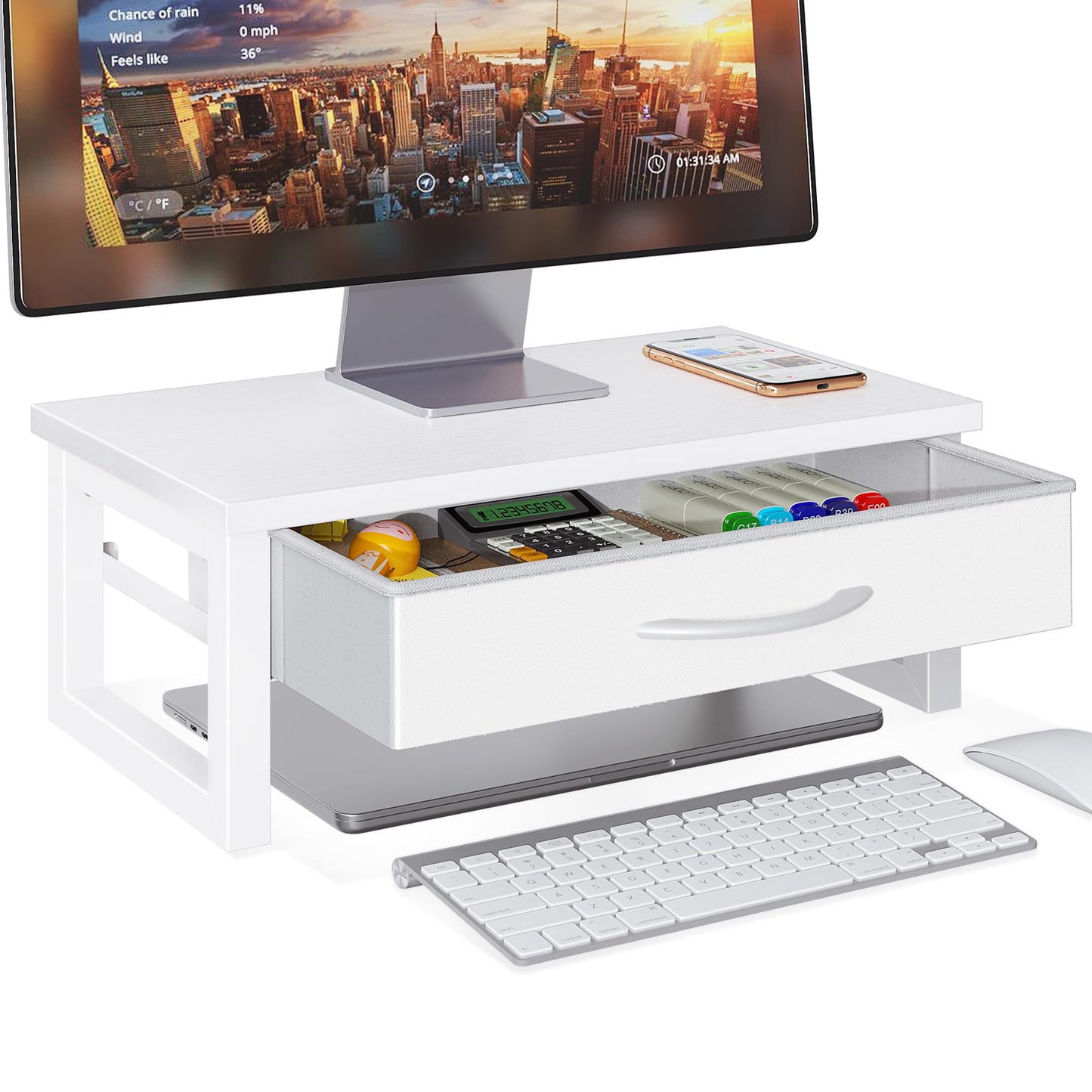 HEWORLIF Desk Organizers and Accessories, Computer Monitor Stand Riser with Drawer, White Laptop Stand for Desk with Storage, Office Organization, Wood