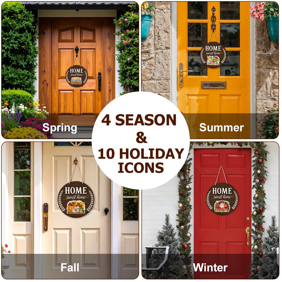Interchangeable Welcome Sign Summer Patriotic 4th of July Front Porch Decor, Rustic Round Wood Wreath Door Decoration, Home Sweet Home Sign for Spring Fall Winter All Seasons Holiday, Dark Brown