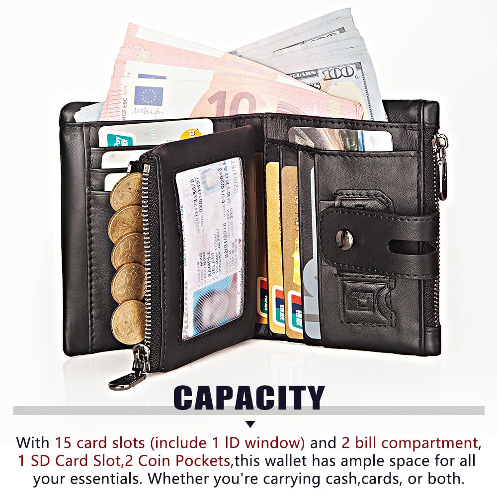 V LUVIAS Anti-Theft Mens Wallet with Chain Genuine Leather ID Window Purse with RFID Blocking Bifold Double Zipper Coin Pocket with Gift Box
