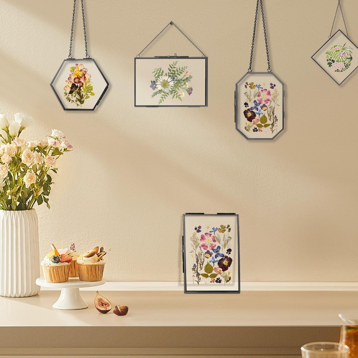 FOCHIER F 5 Pcs Pressed Flower Frames with Tweezers, Wall Hanging Tabletop Display Double Glass Frames with Metal Chain for Pressed Dried Flowers Plants, Horizontal and Vertical Picture Frame, Black