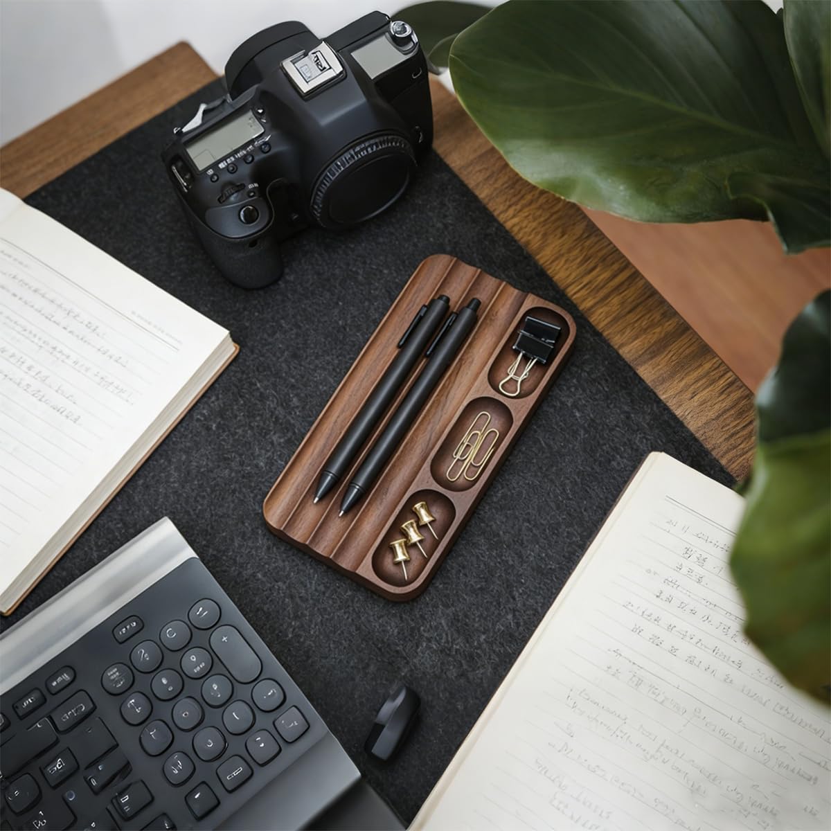 LITAITAI Horizontal Pen Holder,Acacia Wood Pen Tray,Desktop Pen Display,Walnut Desk Tray,Paperclip Headphones Eraser Office Stationery Storage,Brown