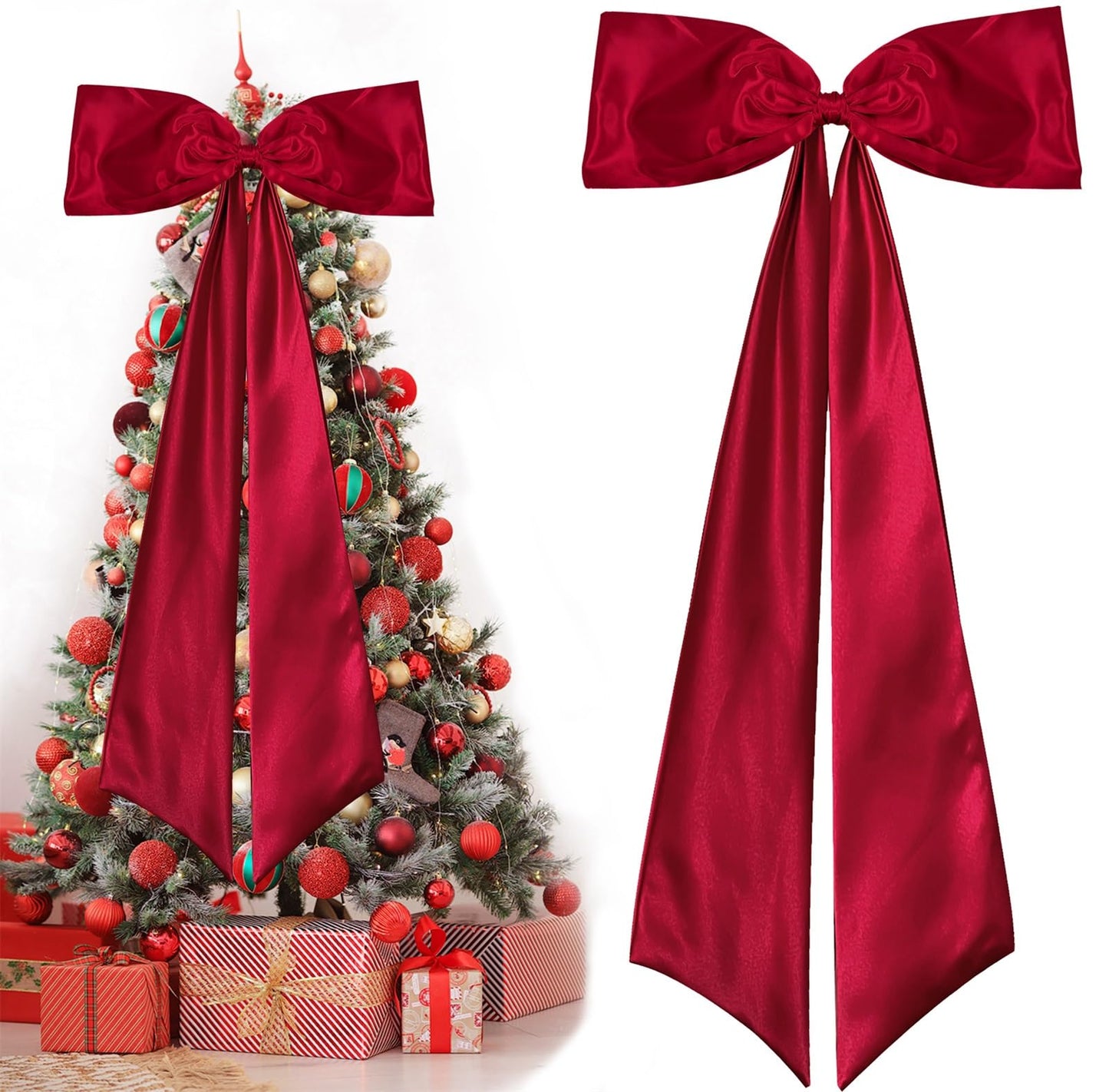 Large Christmas Bows for Tree - 18 x 49 Inches Giant Bows Christmas Tree Topper Decorations Big Satin Ribbon Bow for Tree Topper Wreath Wall Backdrop Holiday Birthday Party Decor