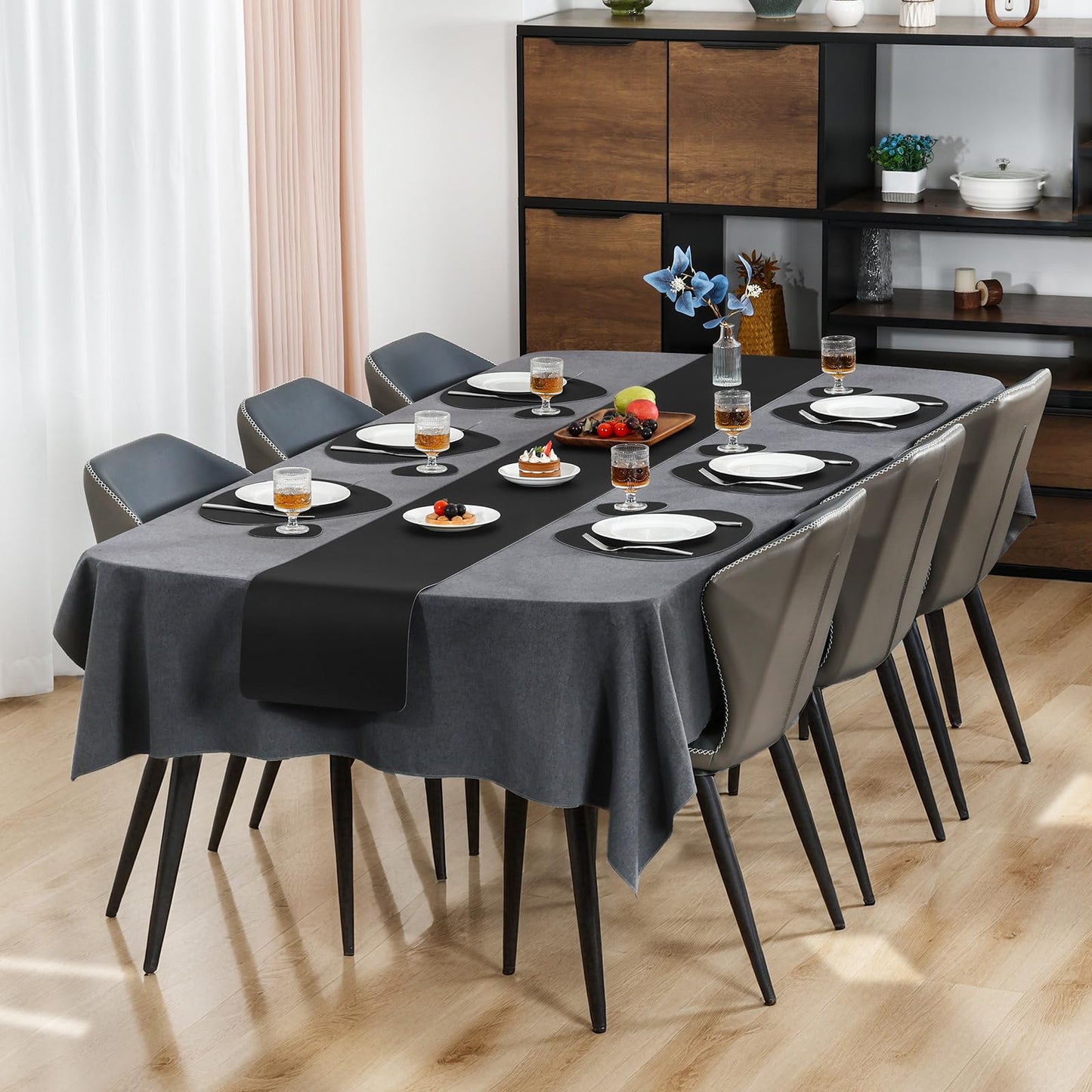 Chitomars Placemats and Coasters, Washable Placemats Round Faux Leather Wipeable Place Mats Non Slip Heat Resistant Indoor Outdoor Table Mats (Set of 6, Light Gray Sage Green)