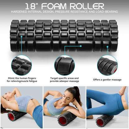 Krightlink 5-in-1 Foam Roller Set, Massage Roller Stick, Massage Ball, Resistance Band for Deep Muscle Massage, Trigger Point Release, Pilates, Yoga (Black-18(5 in 1))