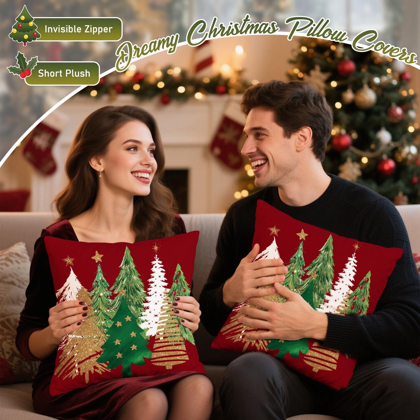 Artmag Christmas Tree Pillow Covers 24x24 Inch Set of 2, Decorative Farmhouse Red Pillow Shams Cases Slipcovers for Home Couch Sofa Decorations