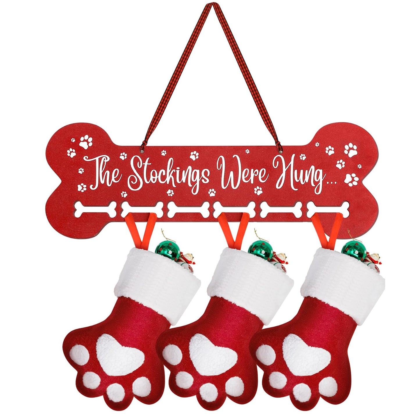 Bucherry 15.8 Inches Christmas Pet Stocking Holder for Dog Wall Mantle with 6 Hangers Wood Dog Bone Mantle Garland Stocking Holders for Christmas Decorations Xmas Holiday Supplies Fireplace Decor
