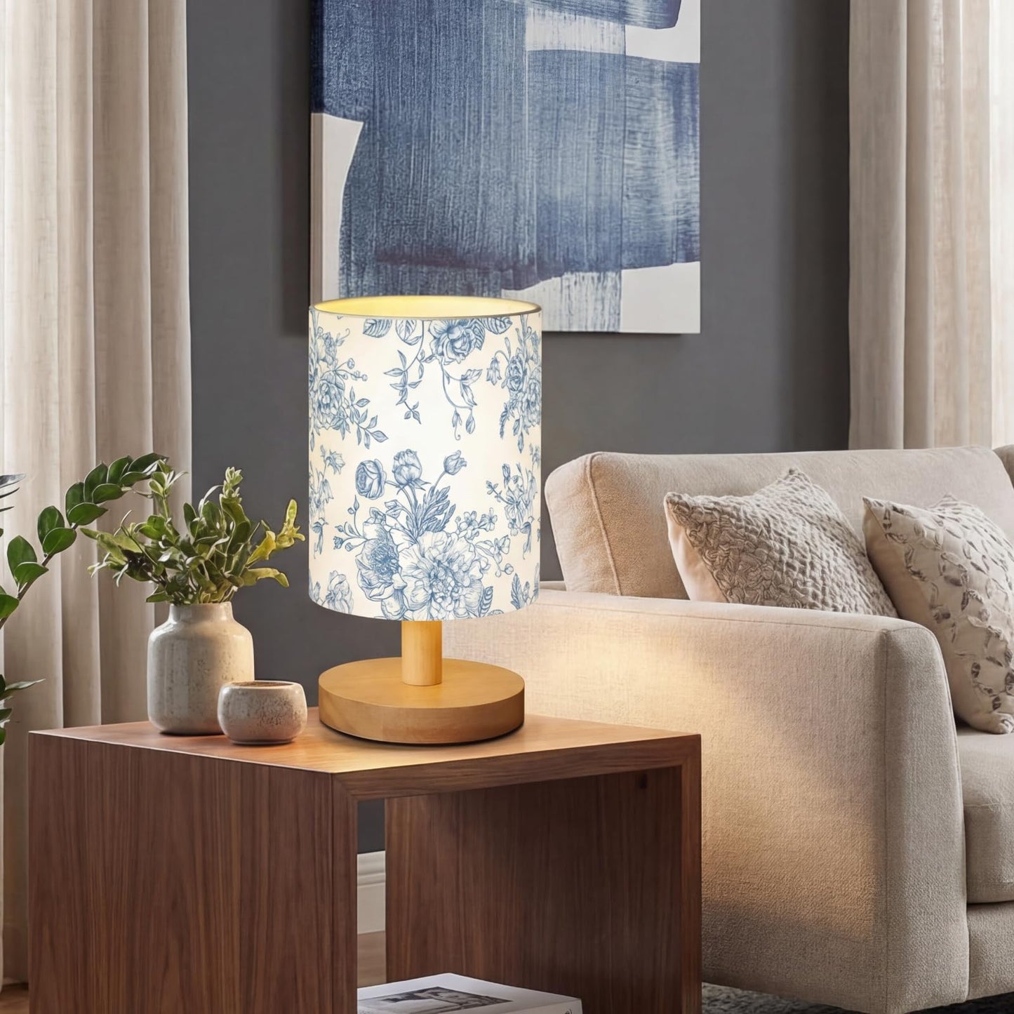 VIHOSE Blue Floral Kids Table Lamp for Bedroom Kids Bedside Lamp with Linen Wooden Nightstand Cartoon Nursery Lampshade for Girls Boys Living Room