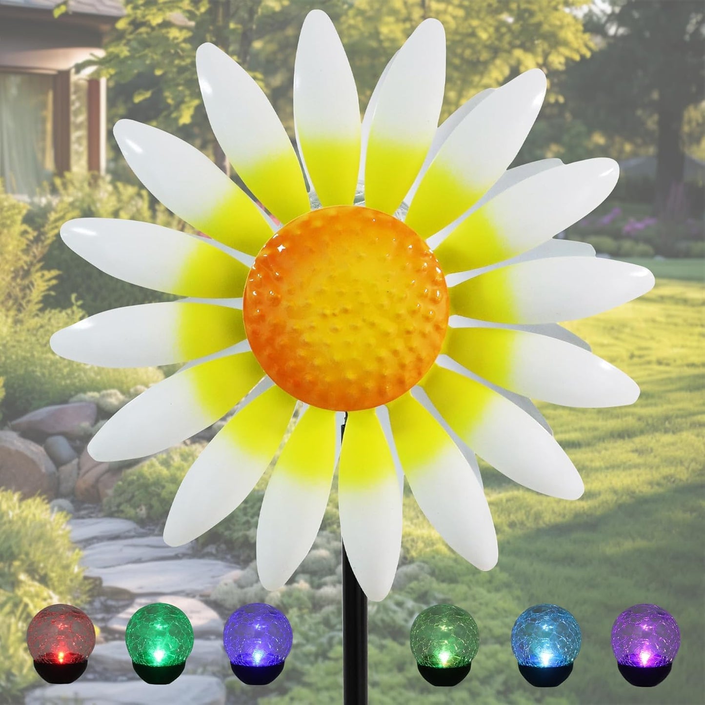 Decorative Metal Garden Daisy Wind Spinner, Decorative Garden Stakes, Daisy Wind sulpture for Yard Patio. Outdoor Yard Art. (White)