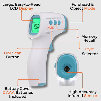 MOBI - Non-Contact Forehead Digital Thermometer with Object Temperature Mode - Touchless with High Fever Indicator - No Touch Thermometer for Baby, Kids, & Adults - Intrusive Free Readings