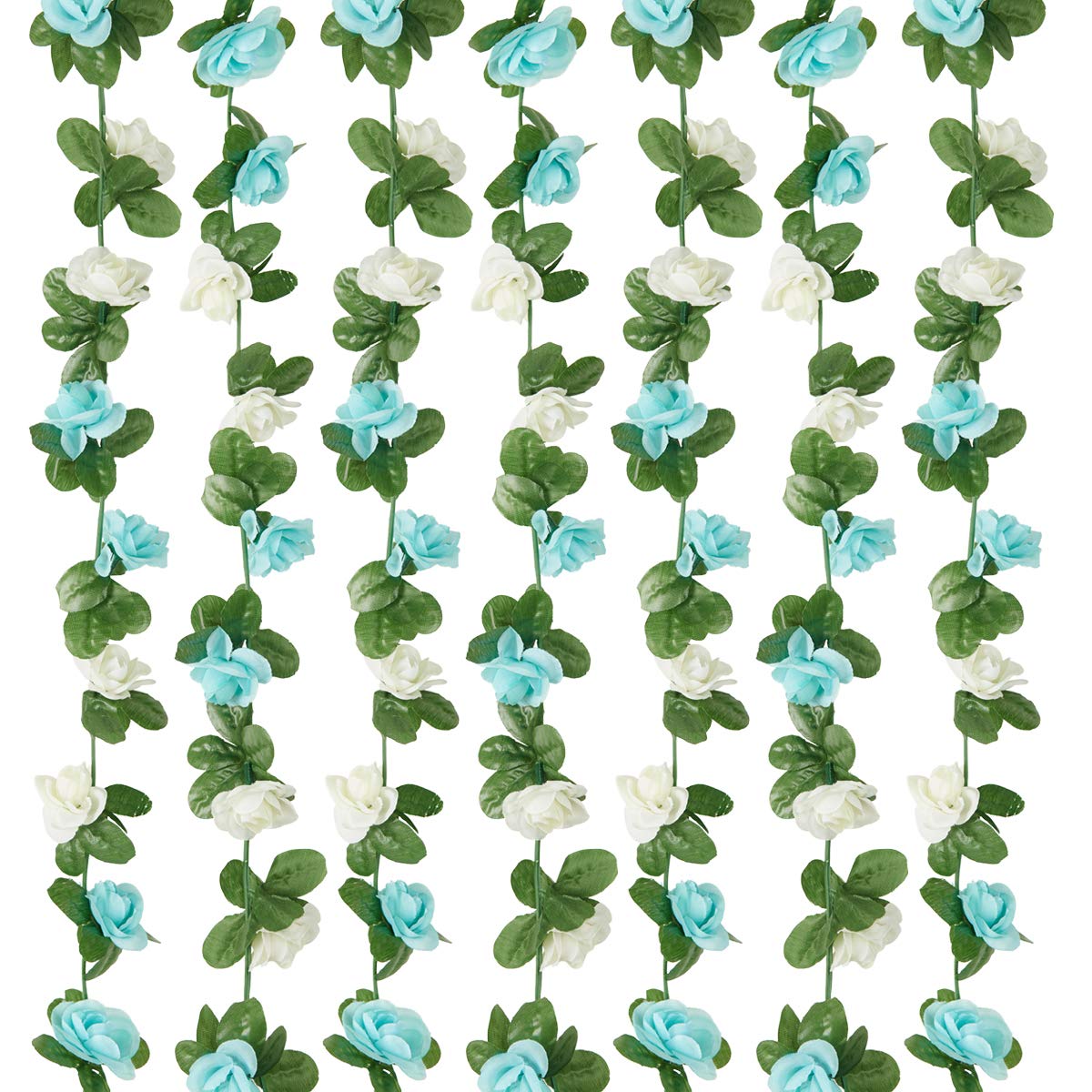 PONKING 8 Pcs x 8.2 ft Flower Garland Artificial Rose Vine Flowers with Green Leaves Hanging Fake Roses Vine for Room Party Home Wedding Birthday Christmas Wall Arch Decor, White Blue Flower