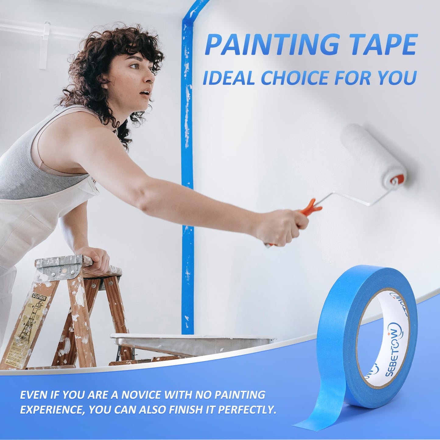 SEBETOW 10 Rolls Painters Tape 1 inch Bulk Painter Tape Blue Wide Roll, Blue Masking Tape, 1 Inches x 55 Yards for General Purpose Wall Painting, Home Improvement