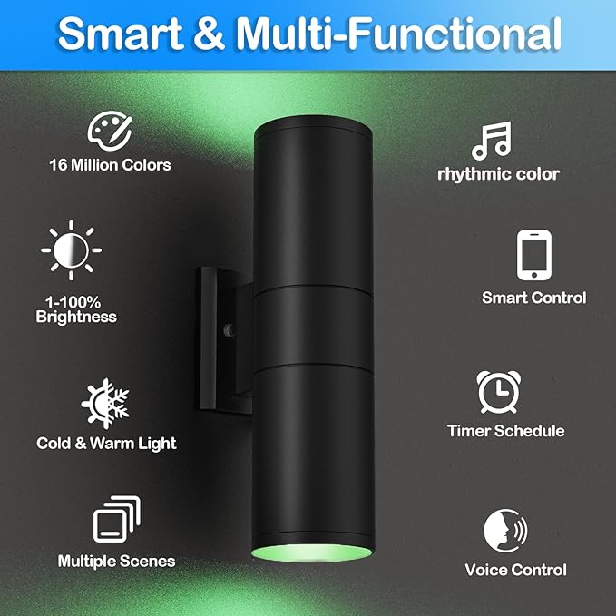 wowlite RGB Up Down Outdoor Wall Lights 2 Pack, 1200LM Smart Cylinder Outdoor Lights for House, Color Changing Exterior Lighting Fixtures APP Control Works with Alexa, IP65 Waterproof Porch Light