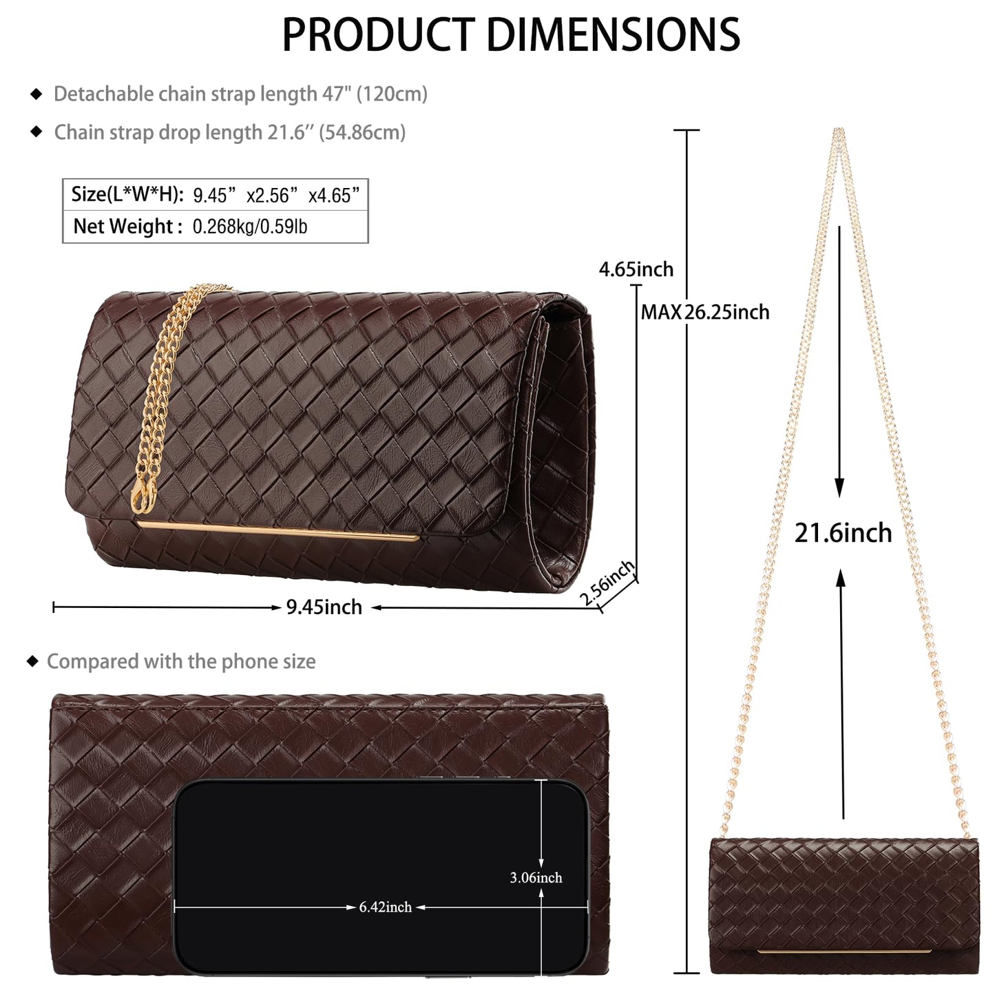 nodeber Women's Clutch Purse with Detachable Strap | Evening Handbags for Parties and Weddings(Chococlate)