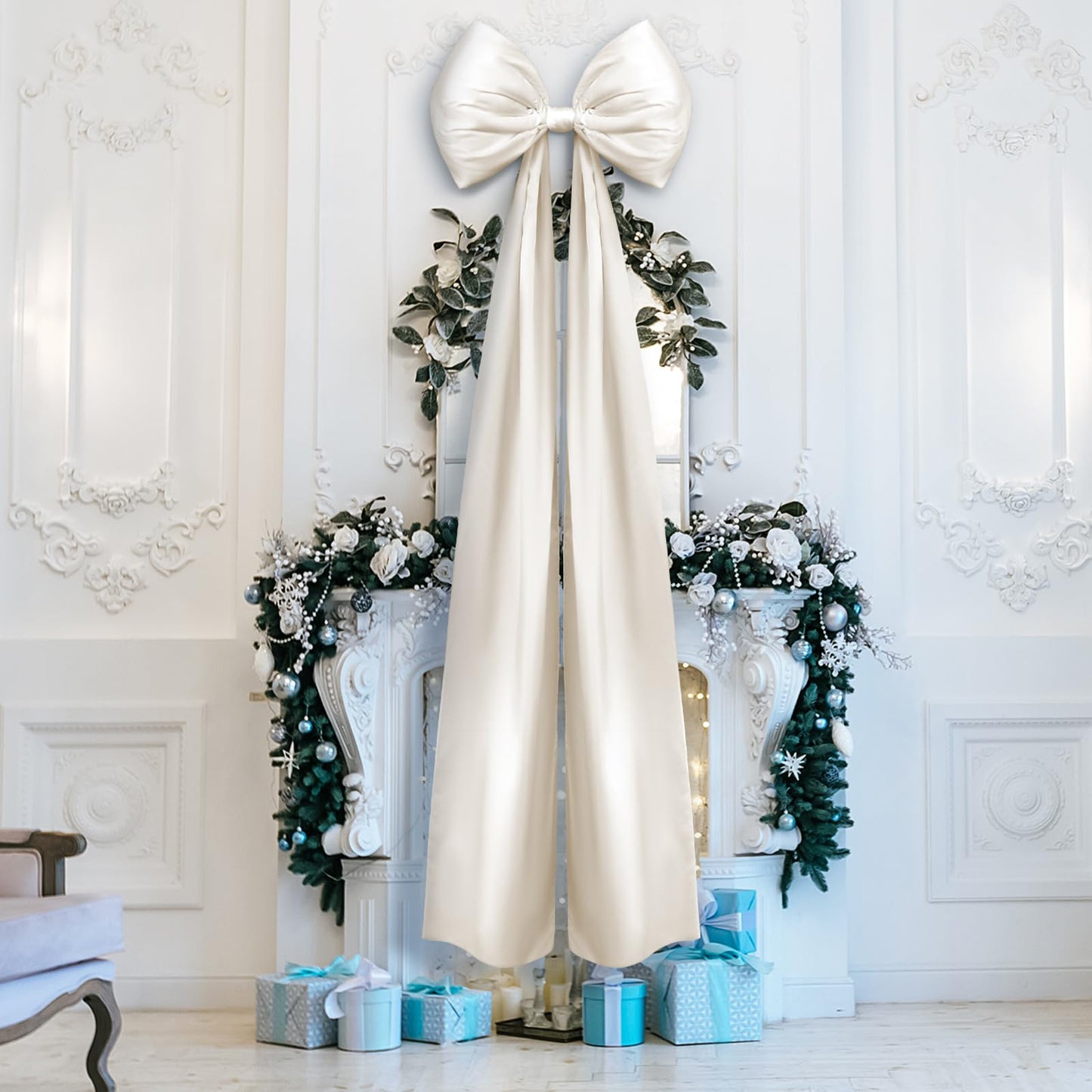 Daifunli 20 x 47 Inches Extra Large Satin Bows Decorations Giant Bow with Long Ribbon for Home Wedding Birthday Wall Engagement Party Backdrop Christmas Tree Topper Decor(Champagne Gold)