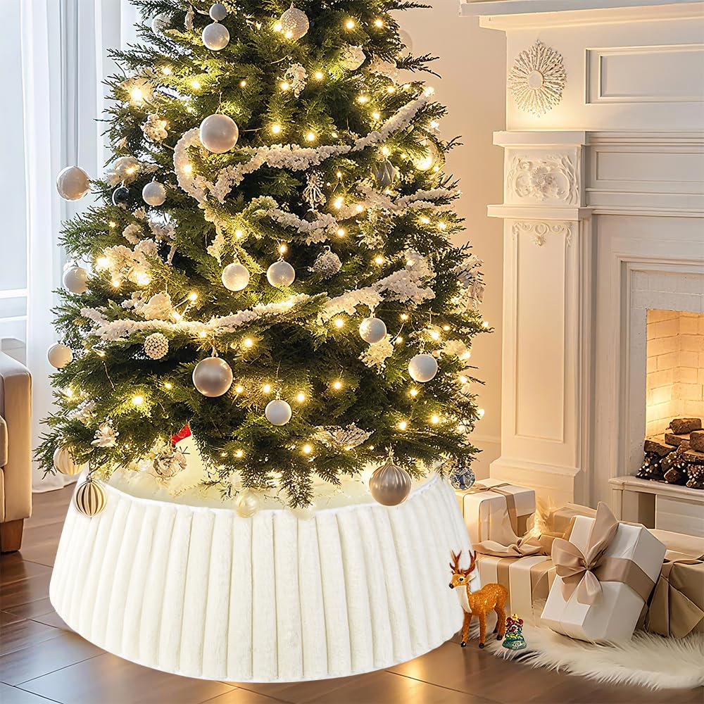 Teeanzo 28 Inch Christmas Tree Collar White Stripes Plush Faux Fur, Soft Boho Xmas Tree Ring Beige Tree Skirt for Christmas Artificial Trees Holiday Party Home Decor