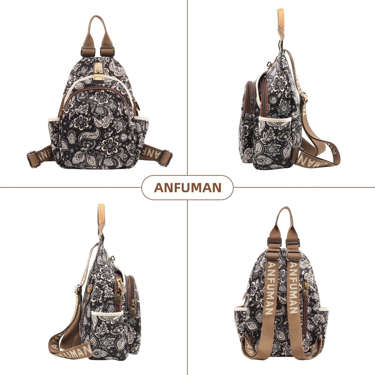 ANFUMAN Small Backpacks Purse for Women Mini Waterproof Colorful Print Leisure Travel Bags (Black Flower)