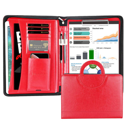 Darolin Vegan Leather Padfolio Portfolio with Handle & Clipboard, Zippered Business Portfolio Organizer for Meetings, Interviews & Travel, Fits A4 & Letter Size, Padfolio for Men Women (Red)