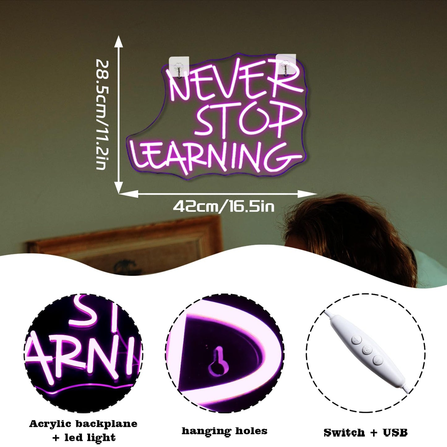 Looklight Never Stop Learning Neon Sign,Purple LED Wall Neon Light,Letters Neon Light Sign for Wall Decor,USB Light Up Signs for Home Offices,Study Rooms,Classrooms,Libraries,Creative Workspaces