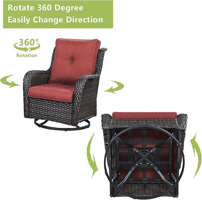 Rilyson Patio Chairs Rocking Swivel Chiar - 2 Piece Outdoor Wicker Furniture Chairs Set Rattan Rocker Chairs with High Back and Deep Seating for Outside Porch Deck Garden(Brown/Red)