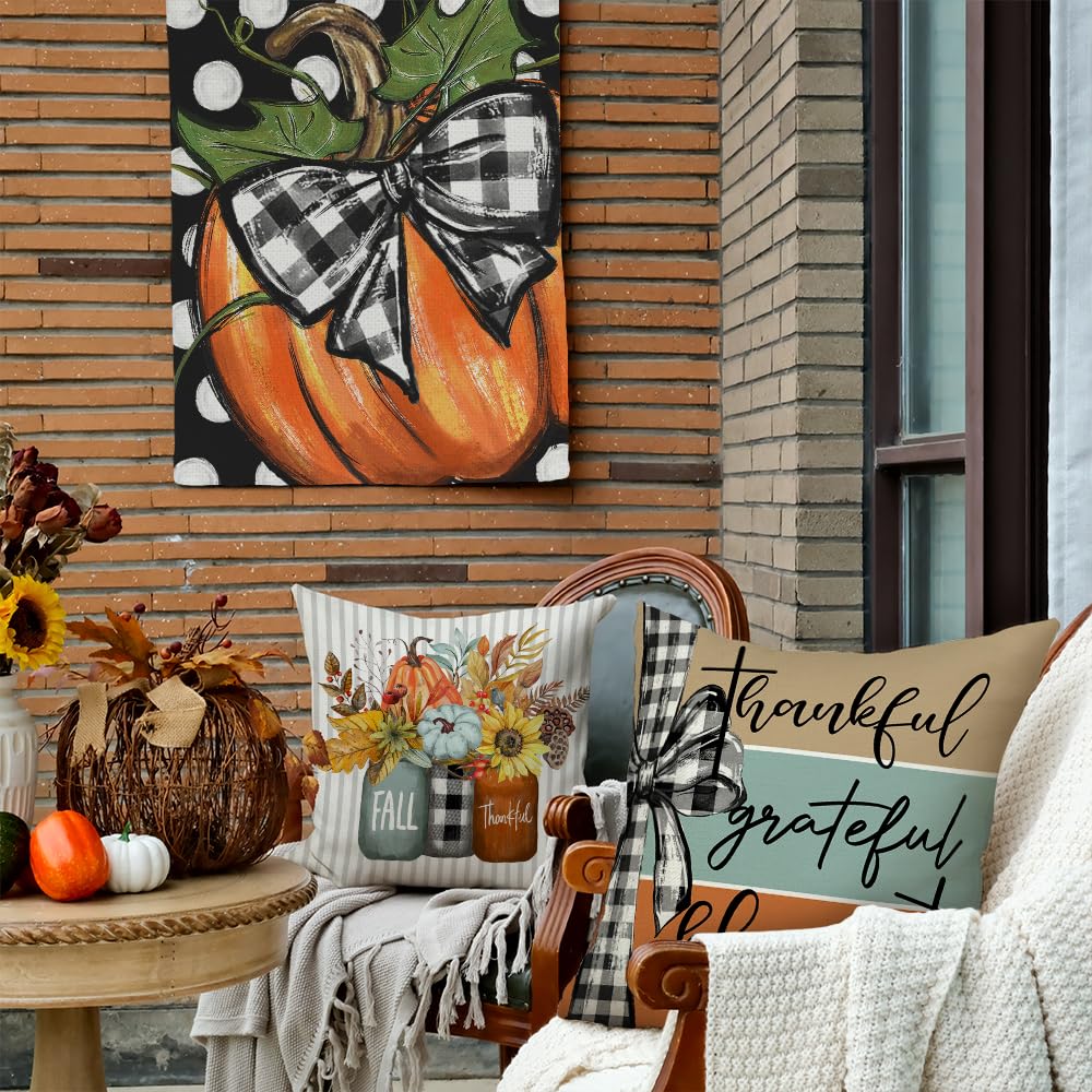 GEEORY Fall Blue Pumpkin Sunflower Buffalo Plaid Pillow Covers 18x18 Set 4
