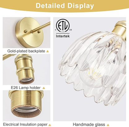 Vintage Wall Sconces Set of Two,Hardwired Wall Lights with Clear Tulip Glass Lampshade,Gold Wall Lamps for Bedroom Bedside Stairway Bathroom Living Room(Bulbs Not Included)