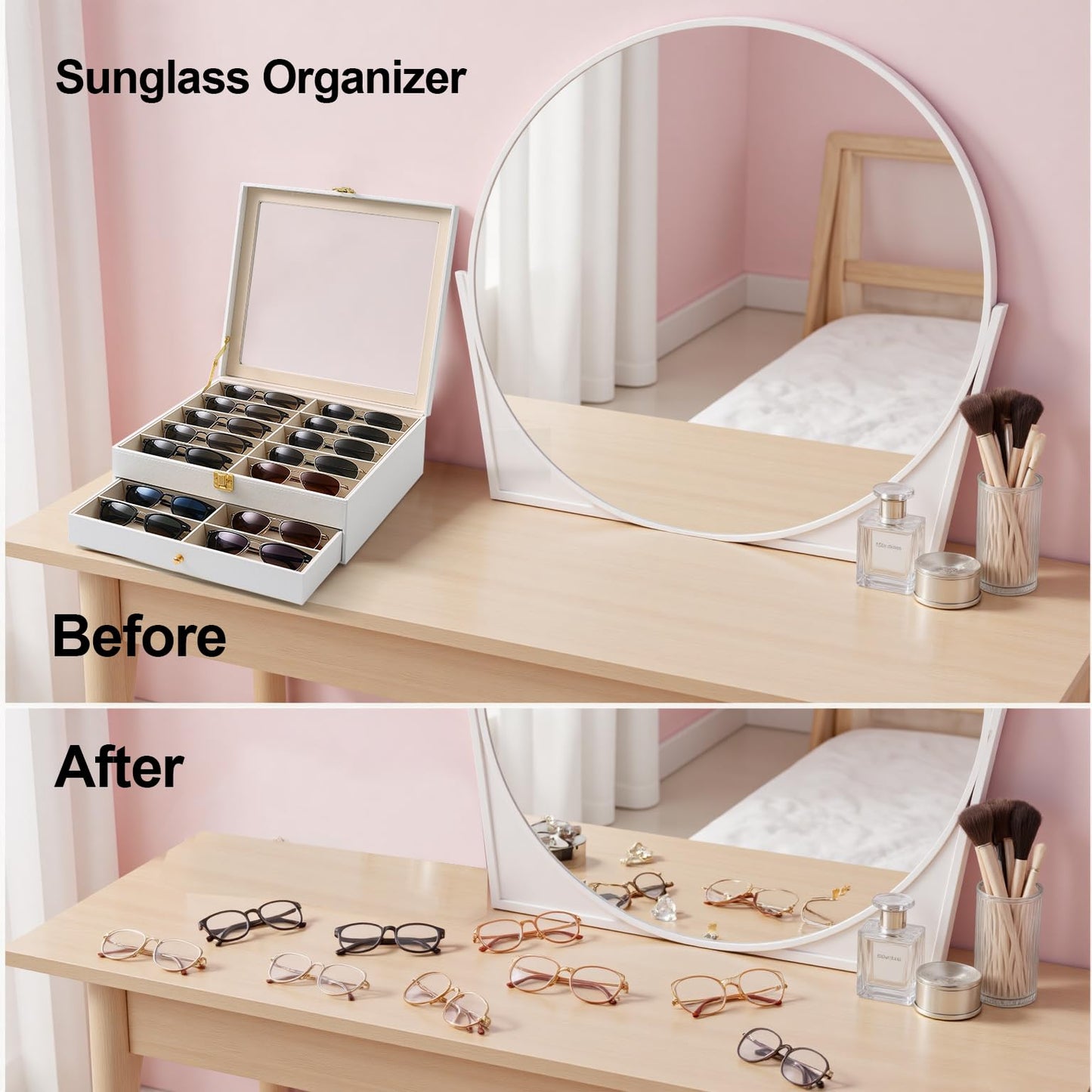 Luckybell Gifs 20 Slots PU Leather Sunglasses Organizer Jewelry Box,Multiple Pairs of Sunglasses Case Holder with Clear Lid