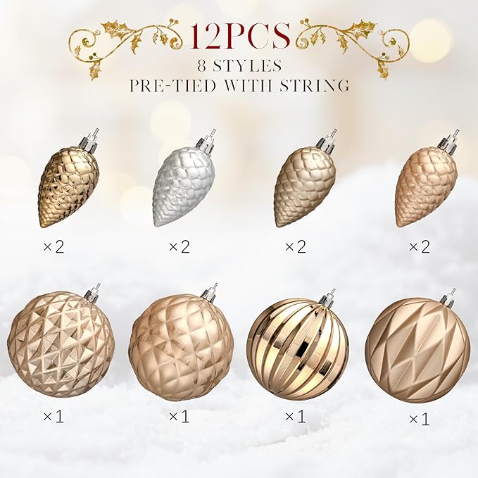 JORNOY Christmas Tree Ornaments, 4inch/100mm Shatterproof Ornaments for Christmas Tree Set - Large Plastic Decorative Hanging Balls Ornaments for Xmas Tree Decorations Party, 12ct (Champagne)