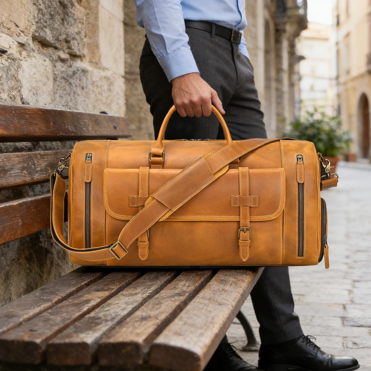Leather Travel Duffle Bag, Vintage 23" Thick Full Grain Cowhide Travel Bags Leather Overnight Luggage YKK Zipper