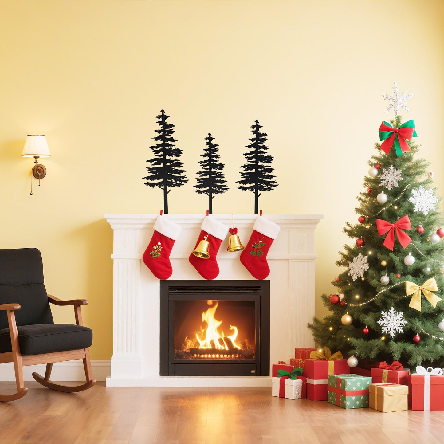 Farmhouse Metal Pine Tree Decor - Rustic Cabin Woodland Forest Accent Fireplace Centerpiece Living Room Bedroom Bookshelf Christmas Decorations Set of 3 (Black)
