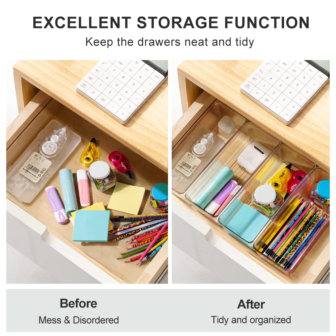 Hudgan 8 Pack Clear Plastic Drawer Organizers Set, Stackable Deep Drawer Organizer for Makeup Vanity and Desk, 2 Sizes Tall Bathroom Drawer Organizer