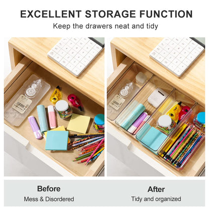 Hudgan 8 Pack Clear Plastic Drawer Organizers Set, Stackable Deep Drawer Organizer for Makeup Vanity and Desk, 2 Sizes Tall Bathroom Drawer Organizer
