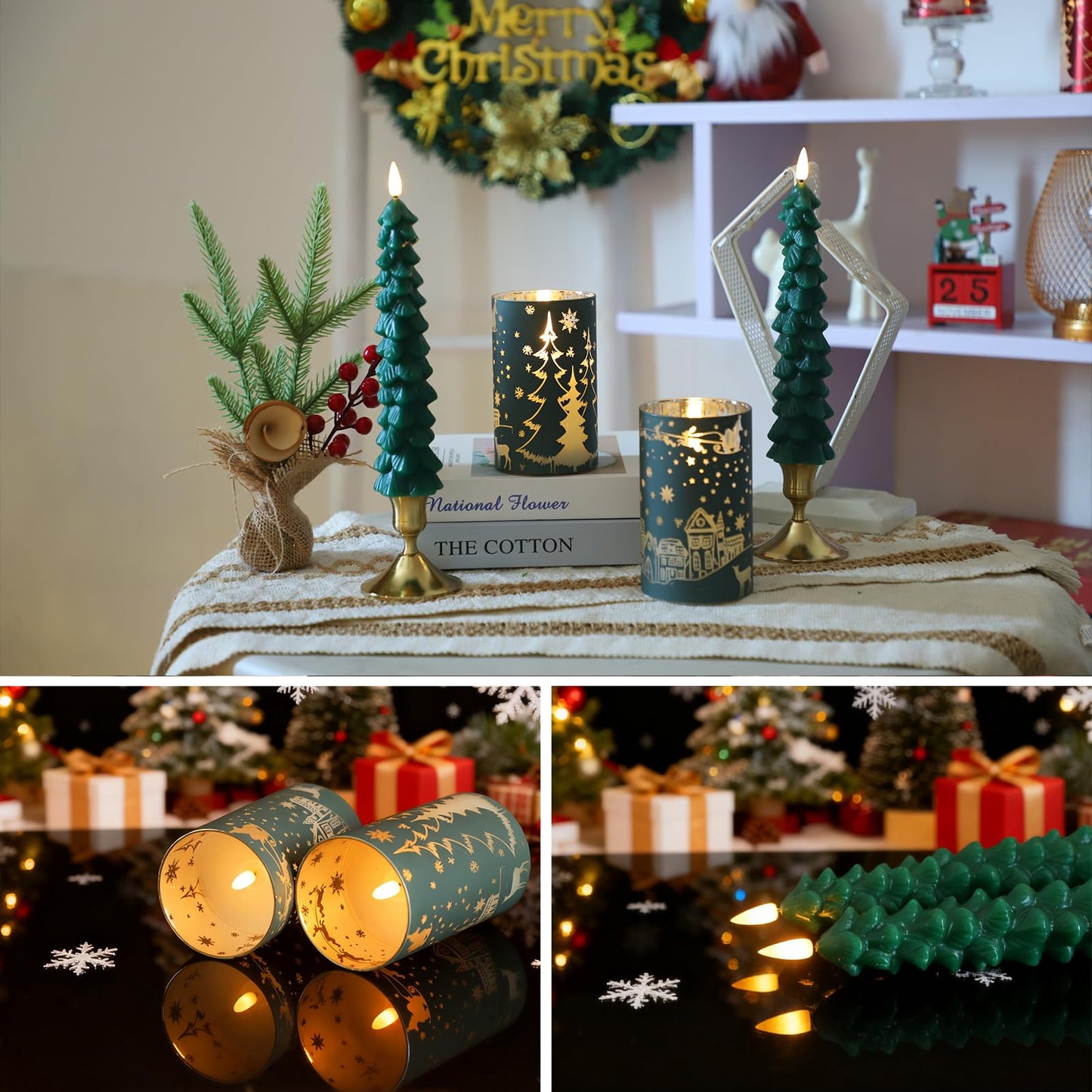 MUMCHASI Chritsmas Tree Flameless Candles, Real Wax Christams LED Taper Candles, Battery Operated Candles, Flickering Candlesticks for Home Christmas Decor Gifts, Green, Remote Control