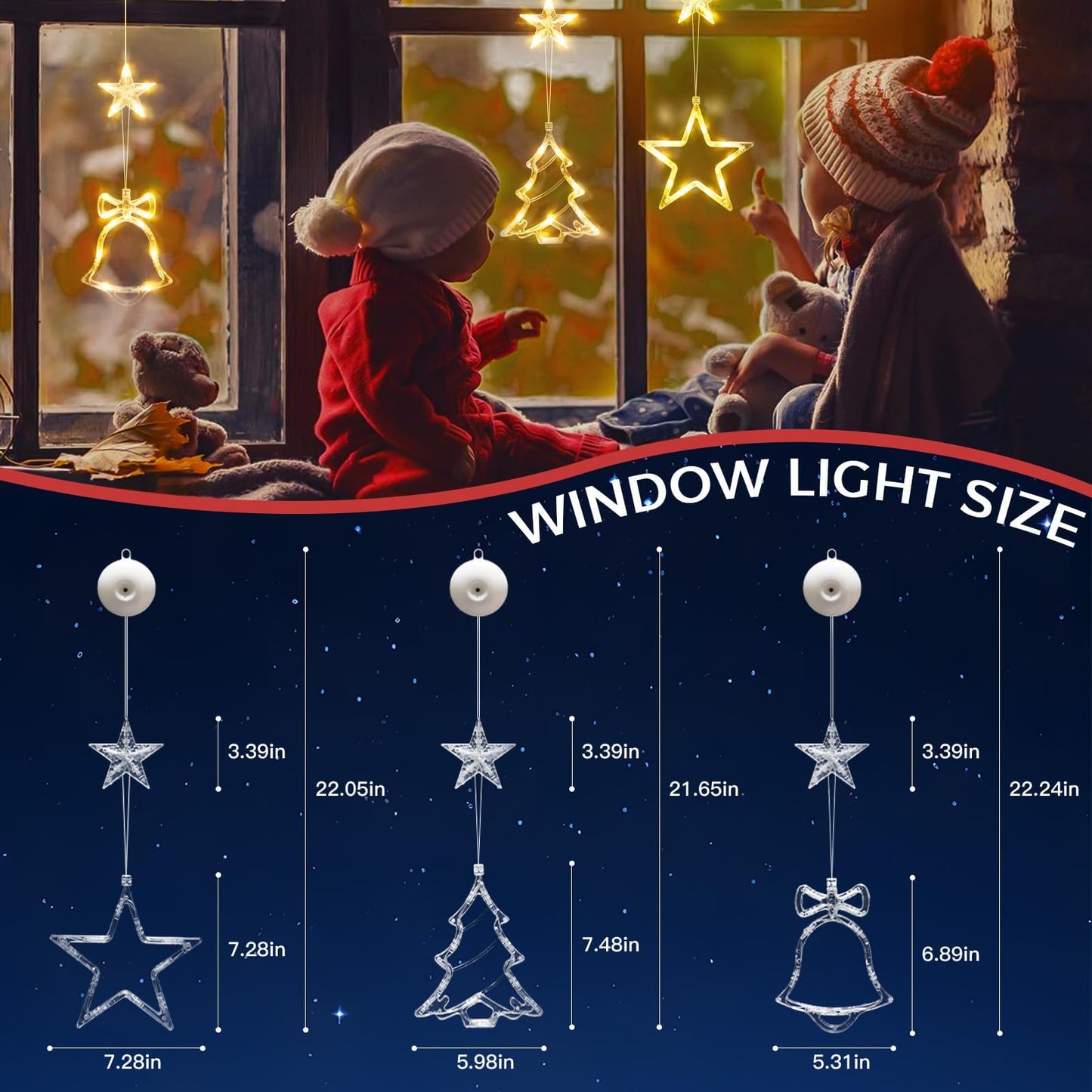 suddus Christmas Window Lights Decorations, 3Pcs Tree-Jingle Bell-Star Shaped Xmas Lights Battery Powered with Suction Cups & Timer, Hanging String Lights Indoor for Tree, Fireplace, Warm White