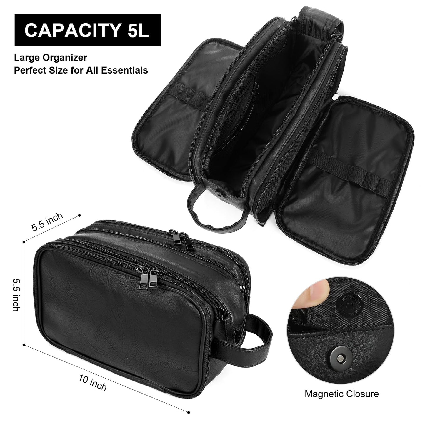 Ezday Toiletry Bag for Men and Women, Travel Essentials Shaving Dopp Kit, Travel Bag Toiletries Organizer Case for Grooming, PU Leather Water Resistant Cosmetic Bag Pouch (Black, Medium)