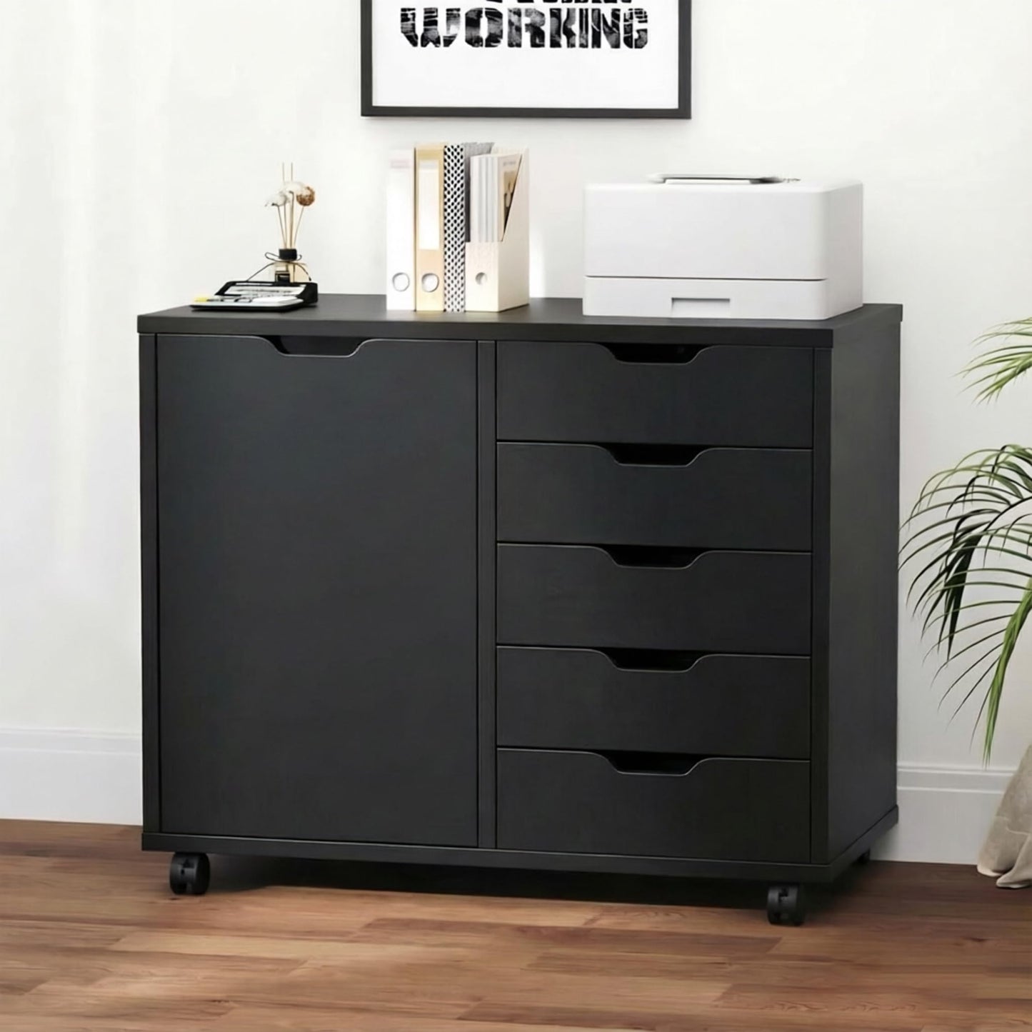 DUMOS 5 Drawer File Cabinet Office Drawers Organizer with Wheels Rolliing, Under Desk Cabinets with Shelves and Door Printer Stand with Wood Board Metal Frame for Home Office Storage Craft Room, Black