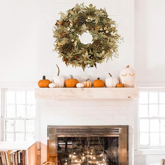 24" Natural Looking Fall Winter Door Wreath Outside, Green and Brown Ombre Foliage Thanksgiving Autumn Wreaths for Front Door Porch with White Berries and Pinecones