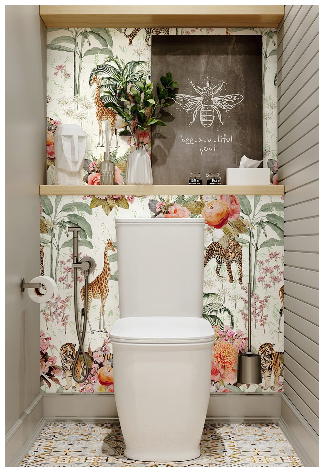 HAOKHOME Forest Peel and Stick Floral Wallpaper Jungle Animal Removable White/Green/Pink Vinyl Self Adhesive Mural 17.7in x 9.8ft