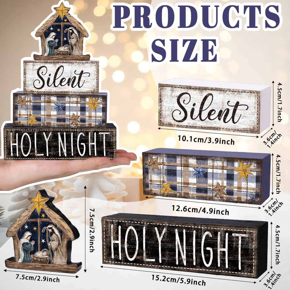 DIYDEC 4Pcs Christmas Table Decoration Christmas Jesus Wooden Block Sign Xmas Tiered Tray Decor Winter Centerpiece Decorative Sign for Holiday Tabletop Coffee Fireplace Shelf Desk Party Decor