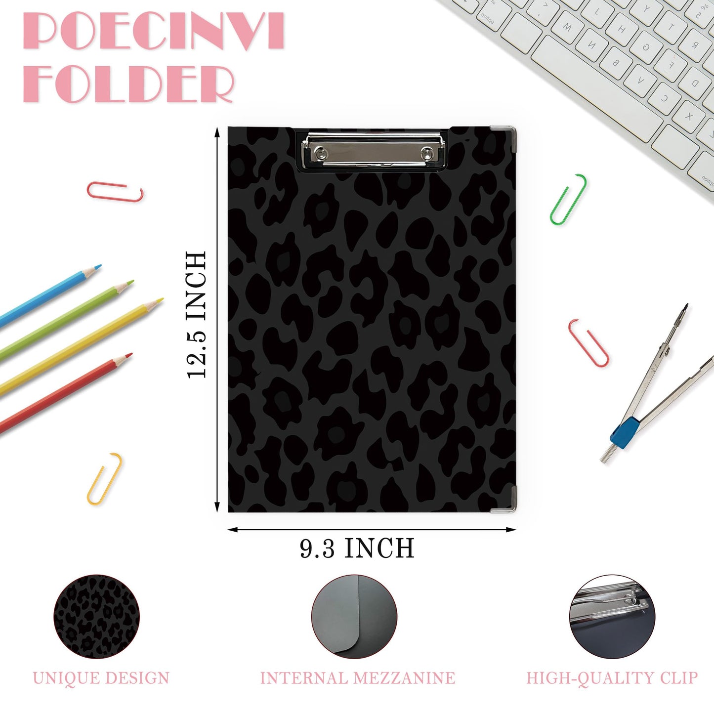 Poecinvi Trendy Black Leopard Print Clipboard Folio with Storage for Office Classroom, Preppy Dark Cheetah Print Padfolio with Metal Clip for Nurses Teachers Students Women Men, 12.4x9.25 in