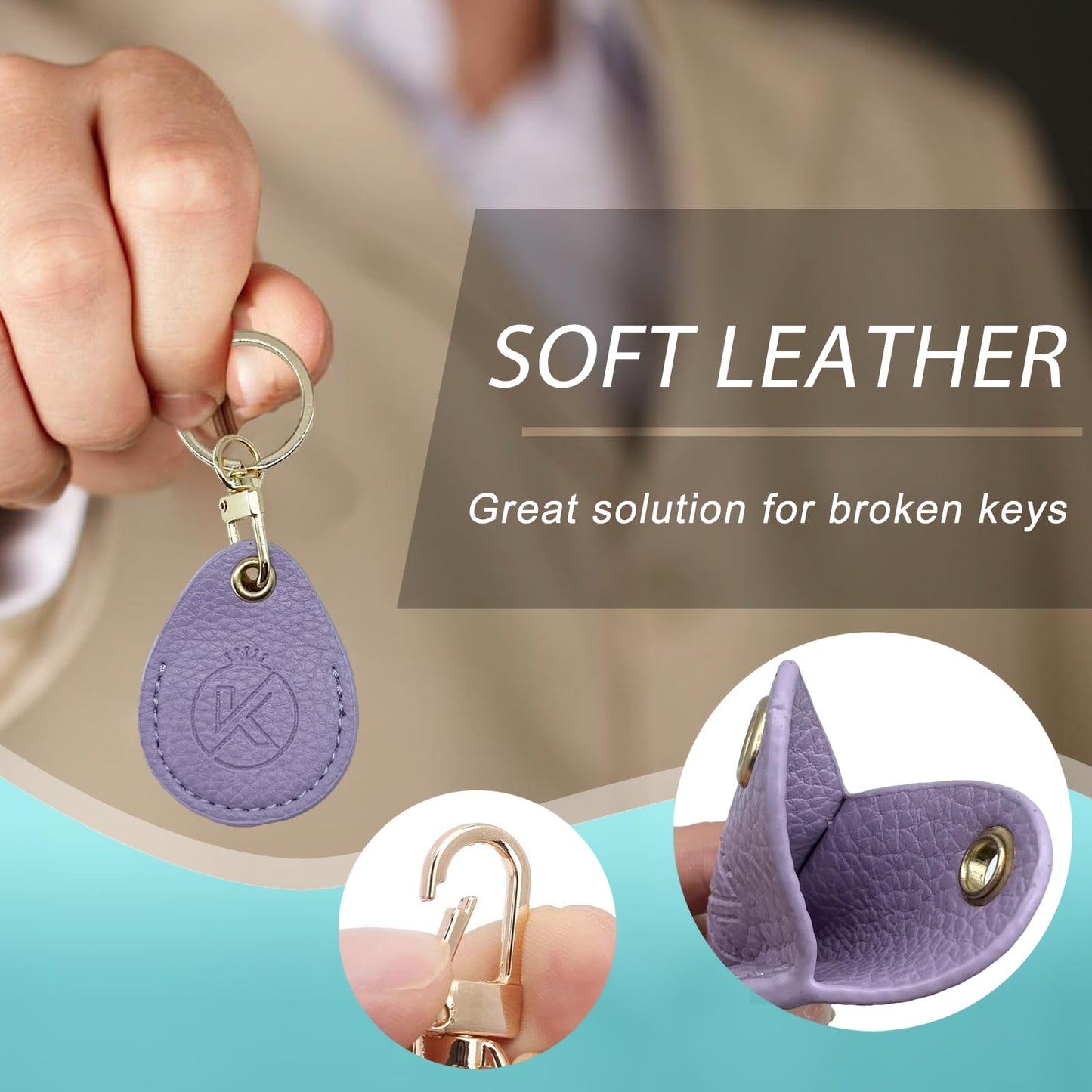 KRSURERICHER Leather Key Fob Holder, Access Card Key Chains RFID Protector, NFC Smart Key tag Case Keychain for Broken Key