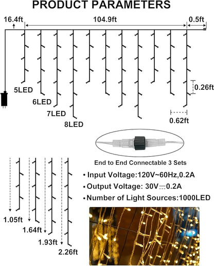 Christmas Icicle Lights for Outside 1000 LED 98FT with 160 Drops, Warm White Waterproof Fairy String Lights for Roof/Gutter/Wedding, 8 Modes & Remote, Timer, Energy-Efficient Holiday Decorations