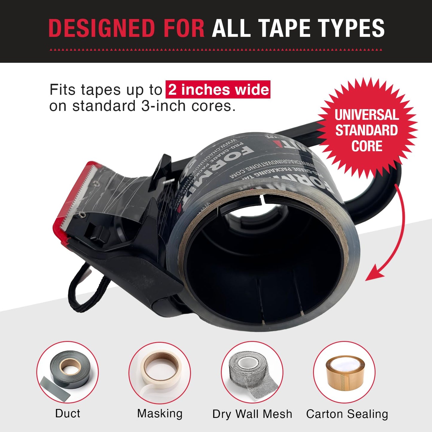 Tape Terror Packing Tape Dispenser - Heavy Duty Shipping Tape Dispenser for Boxes, Refillable, Fits Standard Bulk Tapes Up to 2" Wide - Razor-Sharp Cutting Packaging Tape Dispenser (1-Count)