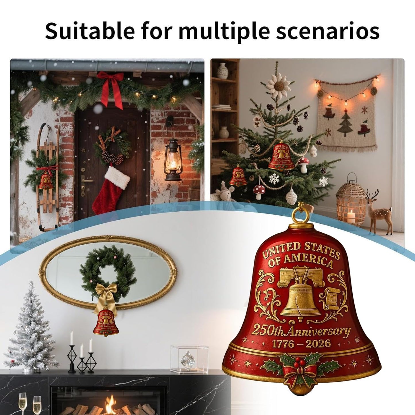 4pc 250th Anniversary USA Bell Ornament for 4th of July Decorations, 2D Acrylic 250 Anniversary Merchandise, America 250th Birthday Gifts, 250th Patriotic Decorations for Holiday Ornament Gift Bulk