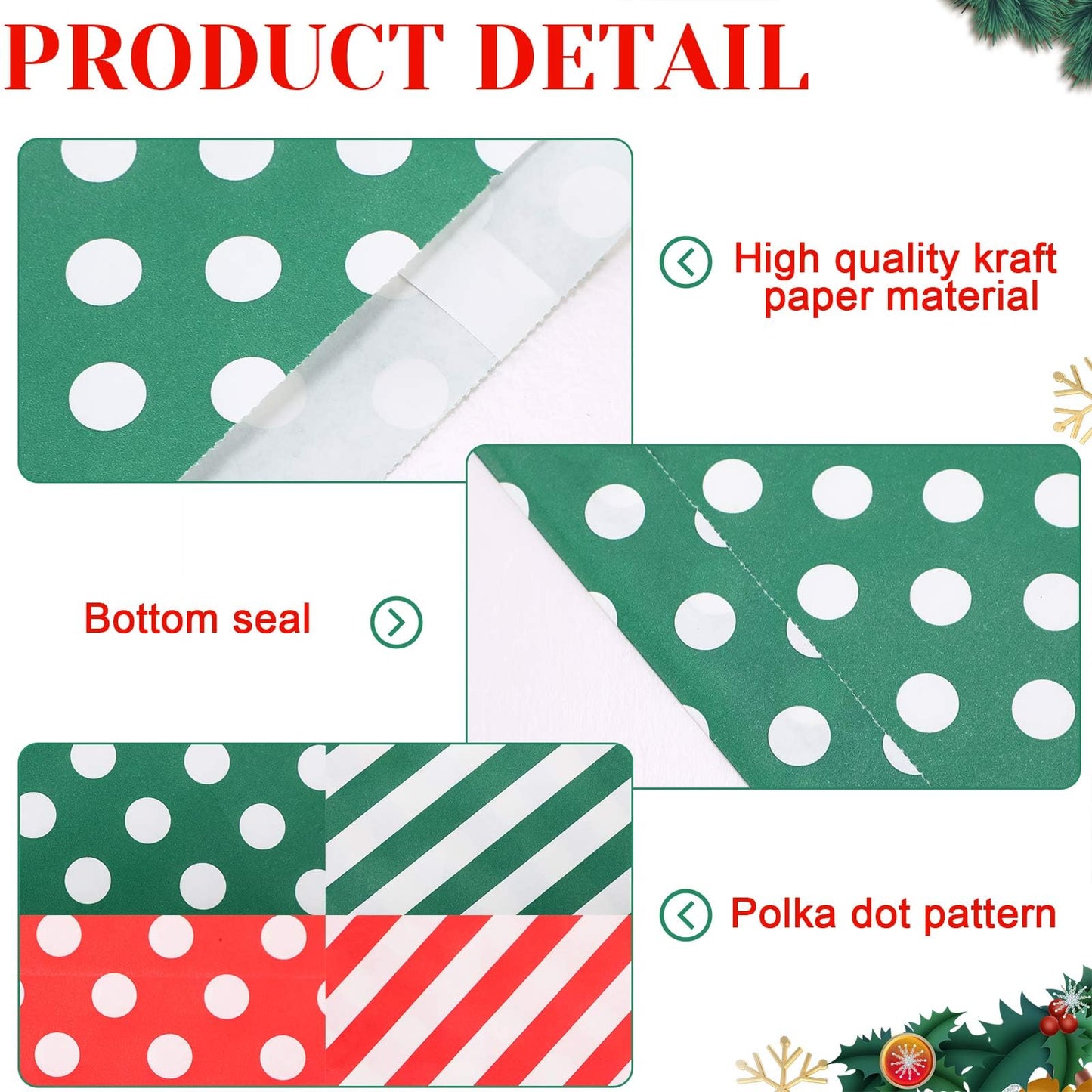 Sweetude 400 Pcs Bulk Christmas Cookie Bags 5 x 7 Inch Small Flat Paper Treat Bags Red Green Dots Stripes Sandwich Candy Buffet Bags for Xmas Holiday Party Favors