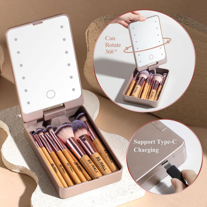 BS-MALL Travel Makeup Brush Set Foundation Powder Concealers Eye Shadows Makeup Set with LED light Mirror 14 Pcs (Green)